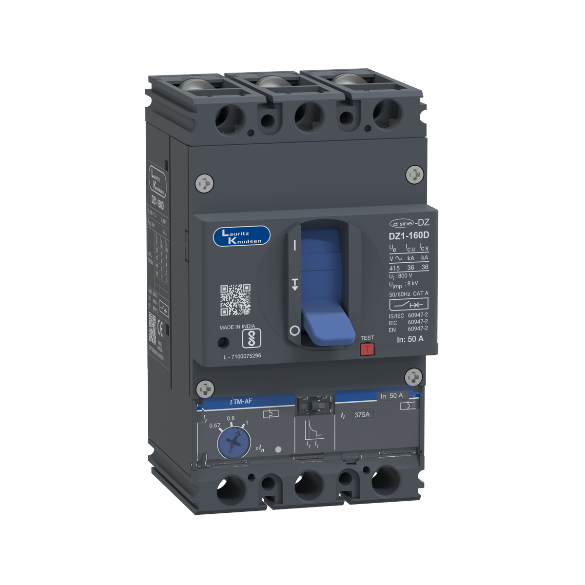Lauritz Knudsen DZ1D, MCCB, 3 Pole, 415V AC, 36kA Breaking Capacity, 50A | Thermal-Magnetic Release | IP40 Protection