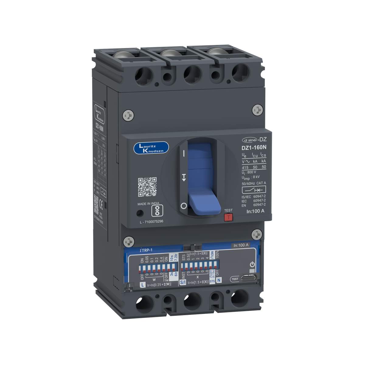 Lauritz Knudsen DZ1N, MCCB, 3 Pole, 415V AC, 50kA Breaking Capacity, 100A | Microprocessor Release iTRP1 | IP40 Protection