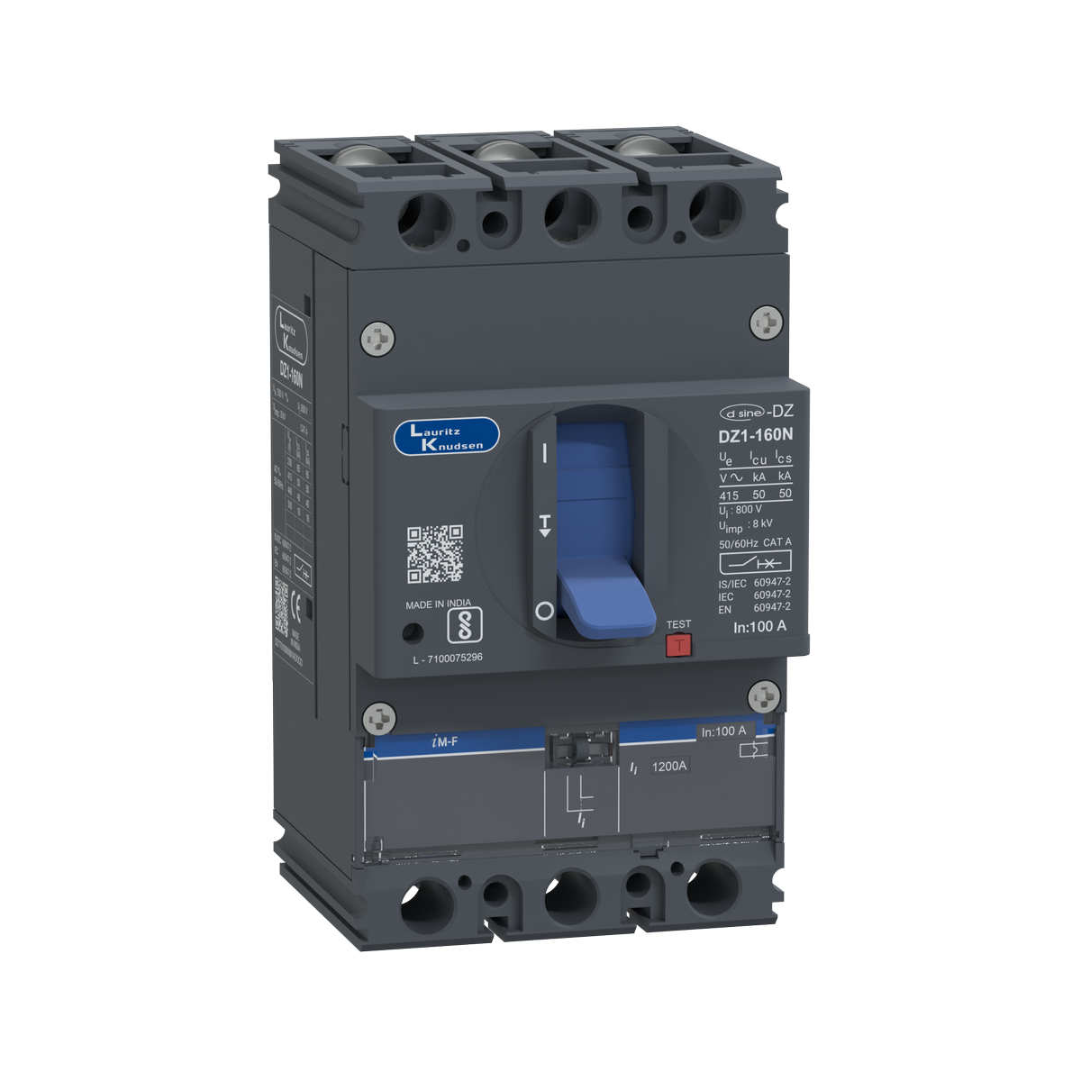Lauritz Knudsen DZ1N, MCCB, 3 Pole, 415V AC, 50kA Breaking Capacity, 100A | Thermal-Magnetic Release | IP40 Protection