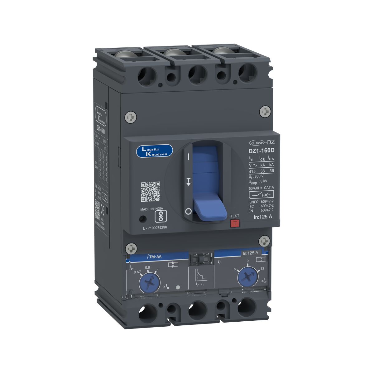 Lauritz Knudsen DZ1D, MCCB, 3 Pole, 415V AC, 36kA Breaking Capacity, 125A | Thermal-Magnetic Release | IP40 Protection